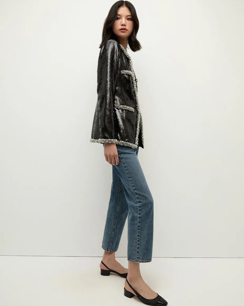 Alessia Pearl-Trim Sequin Jacket in Black x Poppy Delevingne