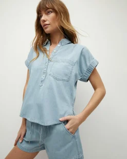 Almera Chambray Button-Down Top in Sky