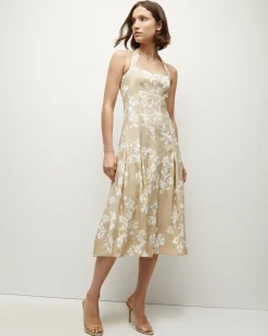 Amalia Stretch-Linen Dress in Stone Khaki/Off-White