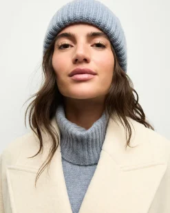 Cashmere Foldover Beanie in Smoke Blue