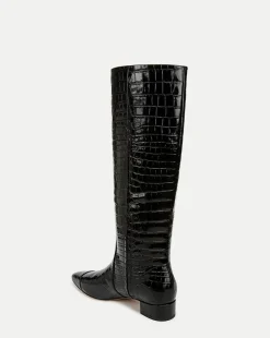 Cecile Croc-Embossed Tall Boot in Black