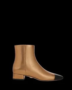 Cecile Leather Cap-Toe Bootie in Gold/Black