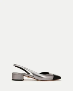 Cecile Leather Cap-Toe Slingback in Silver/Black
