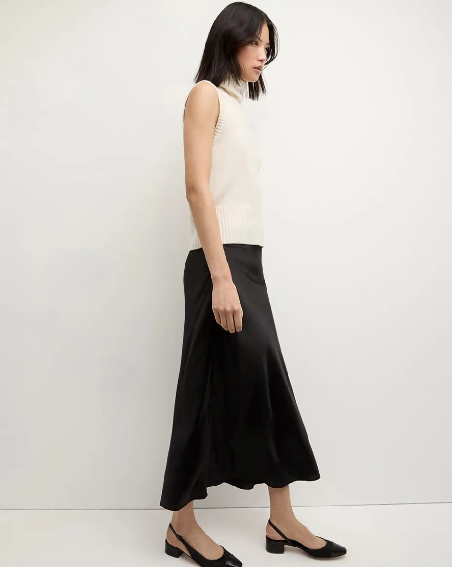 Clover Stretch Silk Midi Skirt in Black