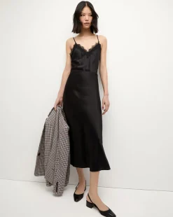 Clover Stretch Silk Midi Skirt in Black