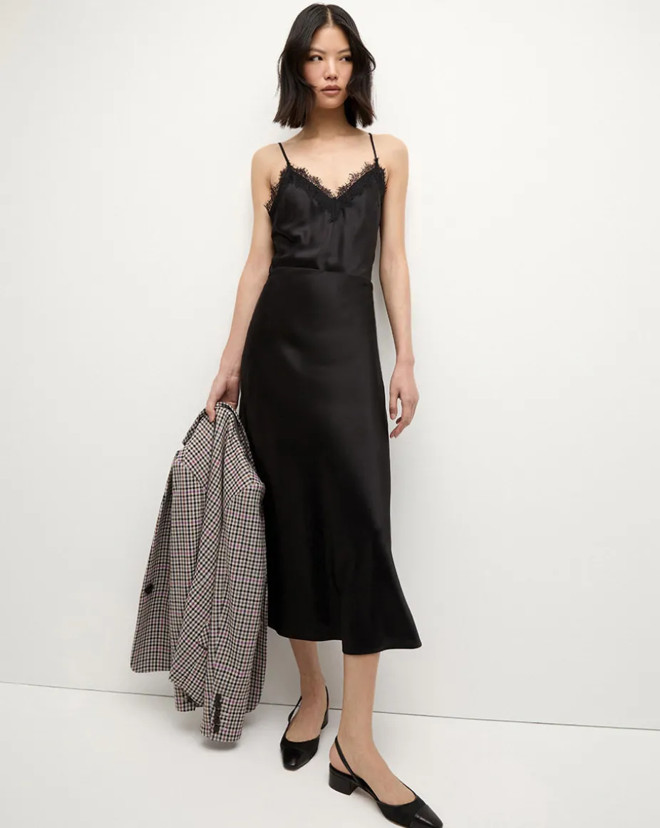 Clover Stretch Silk Midi Skirt in Black