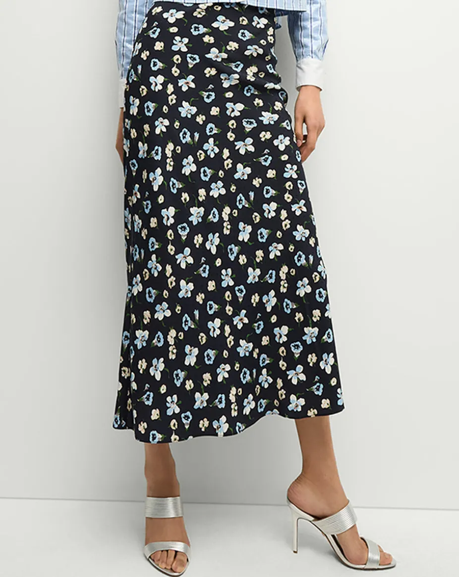 Clover Stretch-Silk Floral Skirt in Navy Multi