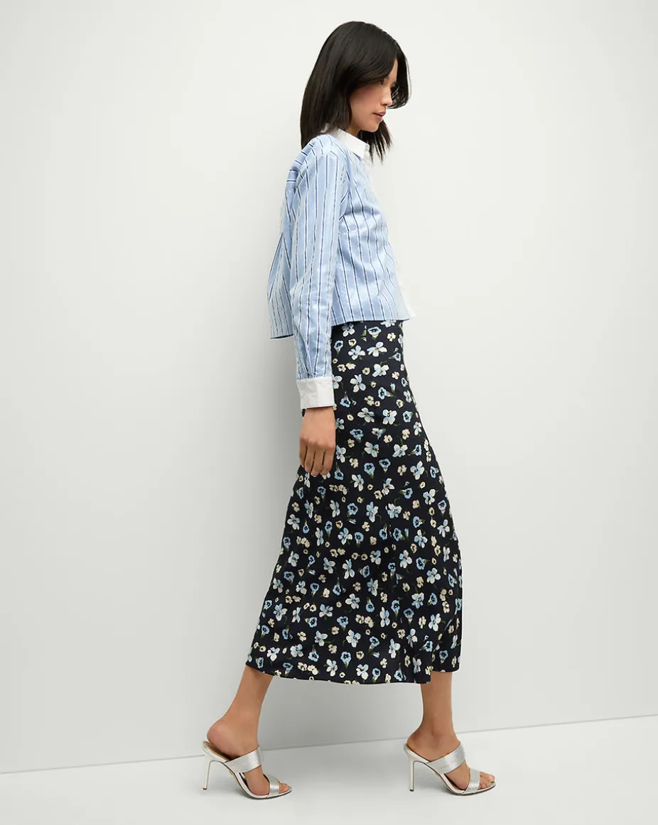Clover Stretch-Silk Floral Skirt in Navy Multi