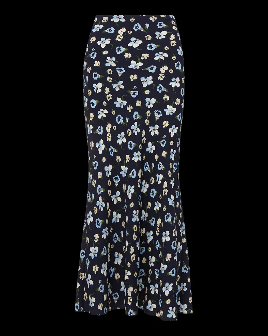 Clover Stretch-Silk Floral Skirt in Navy Multi