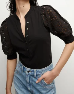 Coralee Eyelet Puff-Sleeve Tee in Black