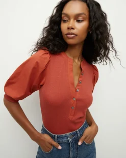Coralee Puff-Sleeve Top in Brick Red