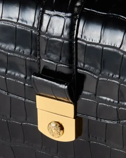 Crest Lock Croc-Embossed Top Handle Bag in Black
