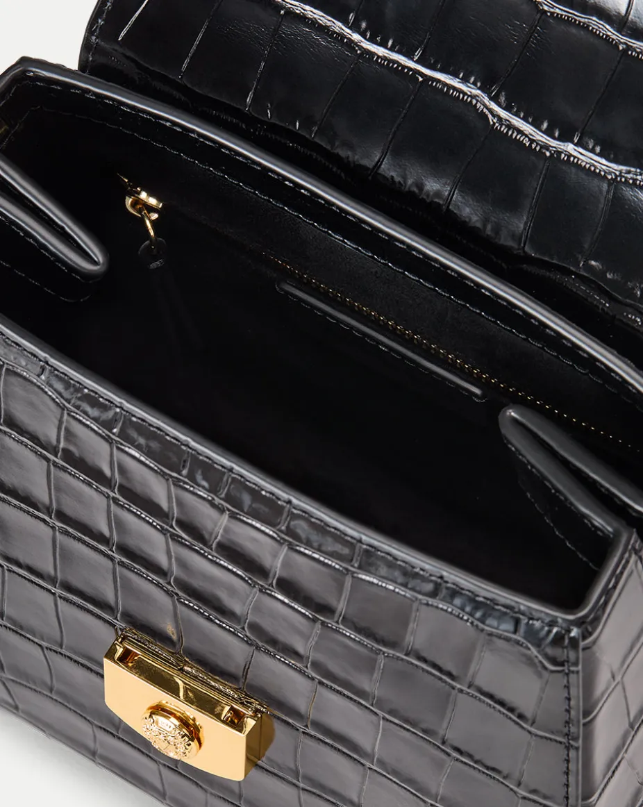 Crest Lock Croc-Embossed Top Handle Bag in Black