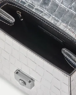 Crest Lock Croc-Embossed Top Handle Bag in Silver