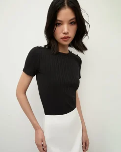 Draya Rhinestone Button Tee in Black