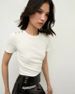 Draya Rhinestone Button Tee in White