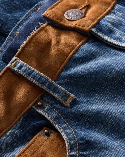 Dylan Suede-Patchwork Straight-Leg Jean in Equinox Blue