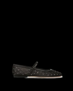 Ellie Crystal Mesh Flat in Black