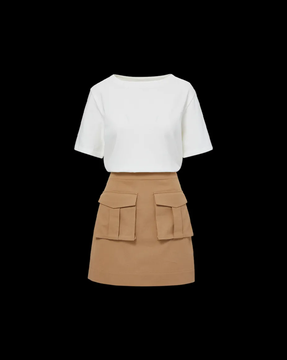 Elowyn Mixed-Media Dress in White/Khaki