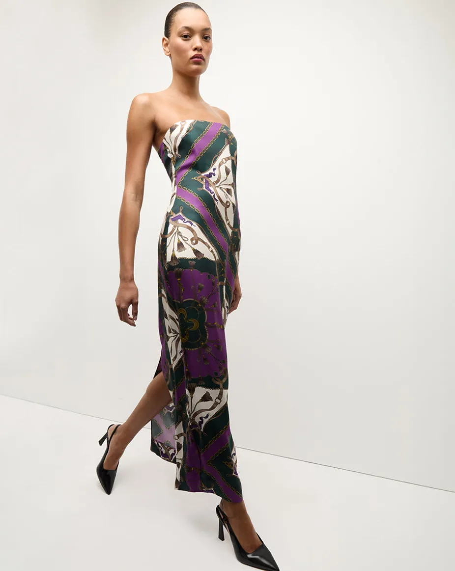 Flora Silk Strapless Maxi Dress in Green & Purple