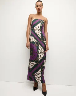 Flora Silk Strapless Maxi Dress in Green & Purple