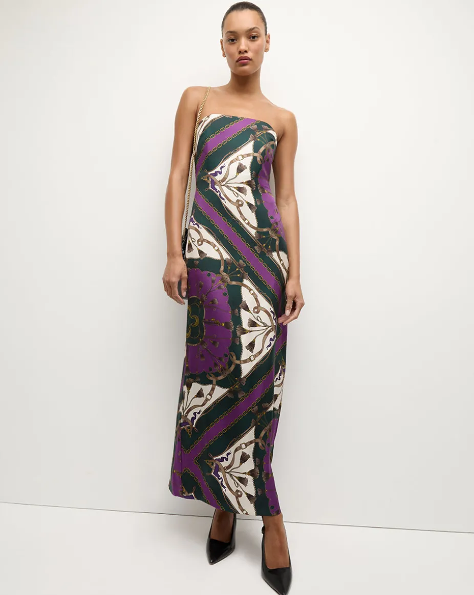 Flora Silk Strapless Maxi Dress in Green & Purple