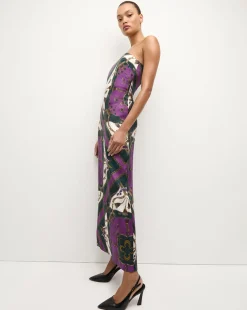Flora Silk Strapless Maxi Dress in Green & Purple