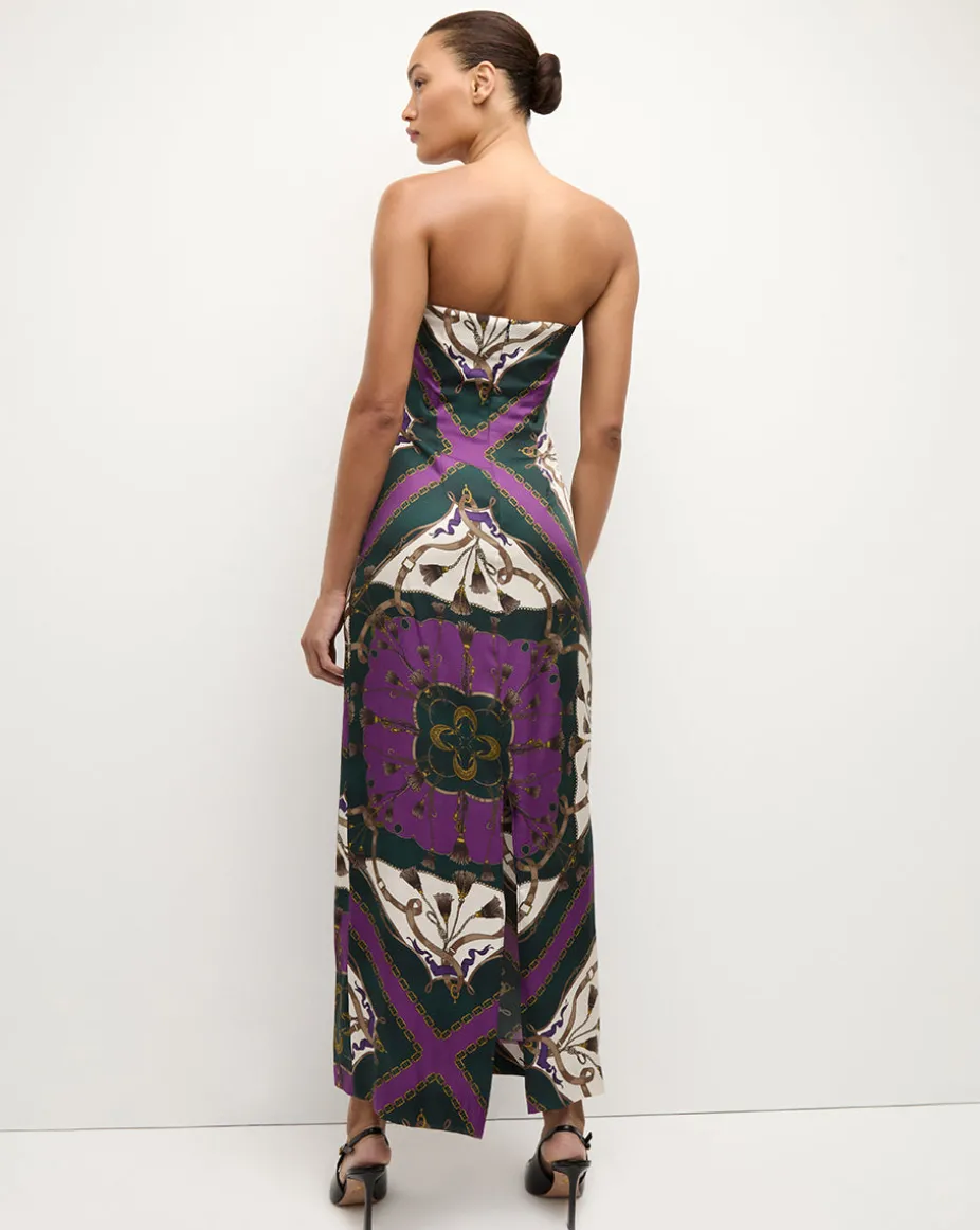 Flora Silk Strapless Maxi Dress in Green & Purple