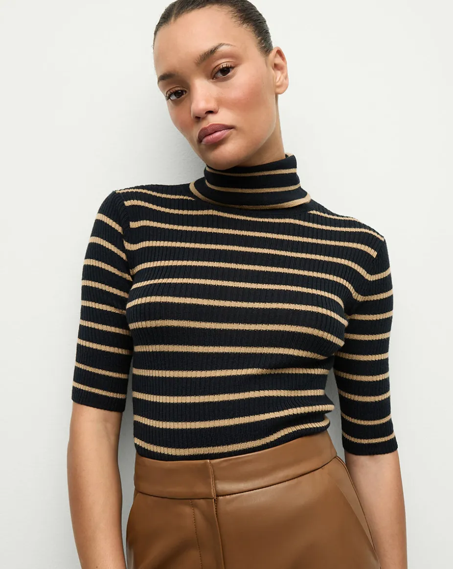 Katrina Merino Wool Striped Sweater in Navy & Khaki