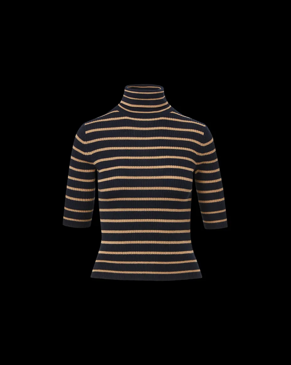 Katrina Merino Wool Striped Sweater in Navy & Khaki