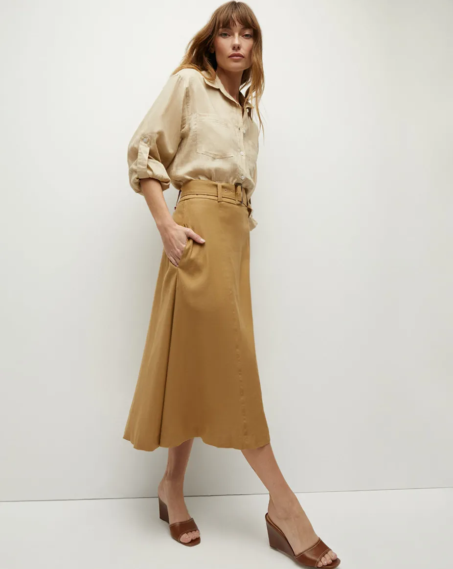 Khaki Linen A-Line Skirt