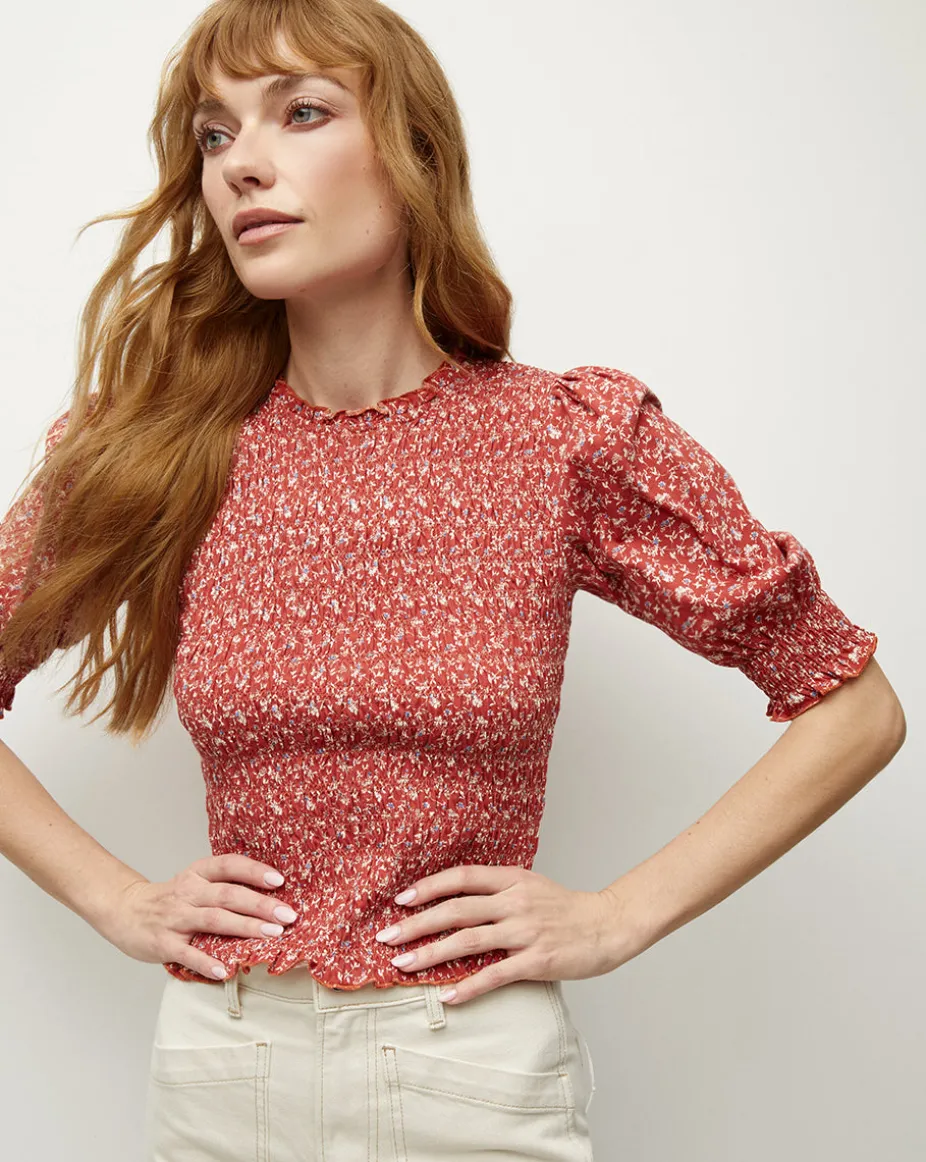 Langston Smocked Top in Brick Red/White