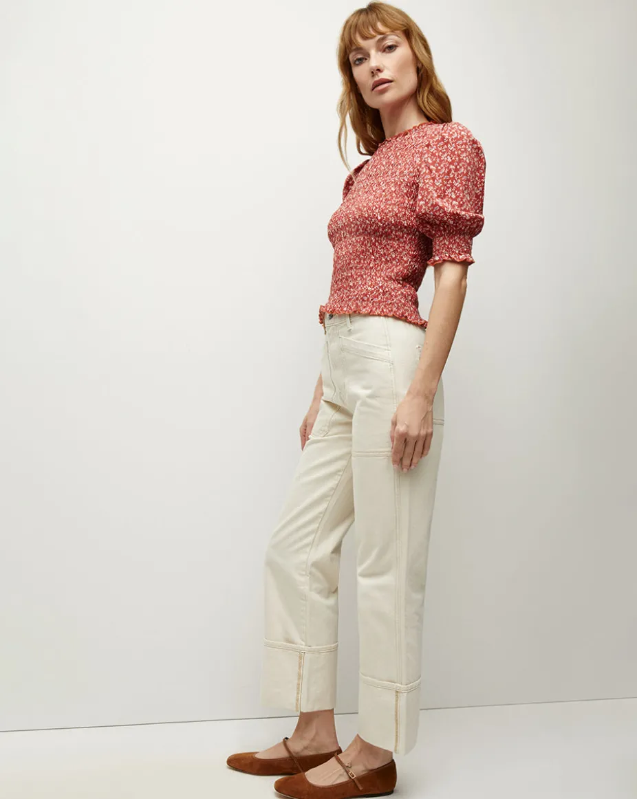 Langston Smocked Top in Brick Red/White