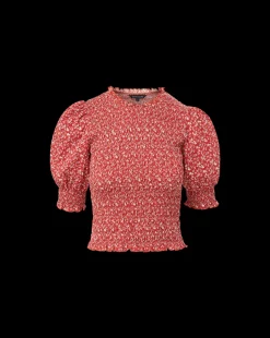 Langston Smocked Top in Brick Red/White