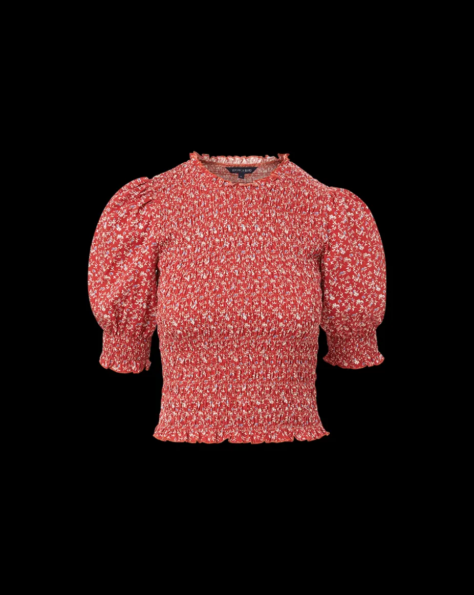 Langston Smocked Top in Brick Red/White