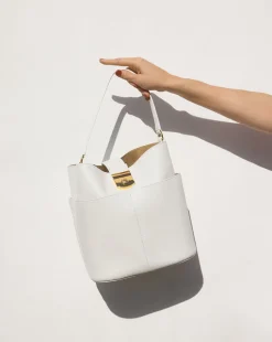 Large Crest Lock Bucket Bag in Off-White