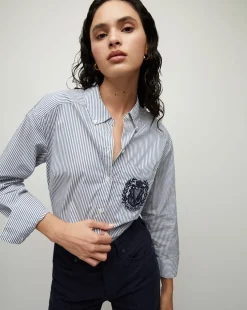 Lloyd Striped Button-Down Top | Logo Crest in Blue/Off-White