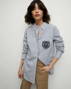 Lloyd Striped Button-Down Top | Logo Crest in Blue/Off-White