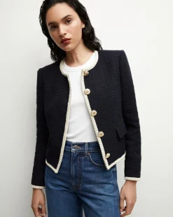 Mabel Collarless Tweed Jacket in Navy