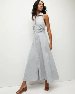 Mackey Seersucker Halter Dress in Blue/White