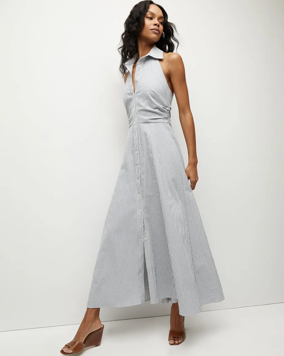 Mackey Seersucker Halter Dress in Blue/White