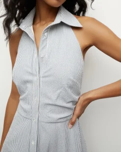 Mackey Seersucker Halter Dress in Blue/White