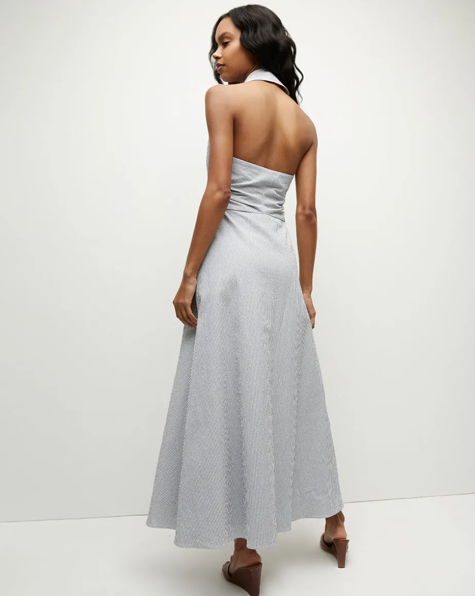 Mackey Seersucker Halter Dress in Blue/White