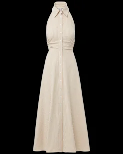 Mackey Seersucker Halter Dress in Khaki/White