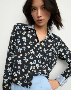 Maia Floral Silk Double-Collar Shirt in Navy Multi