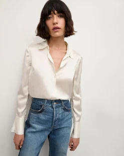 Monique Silk Button-Down Shirt in Ivory