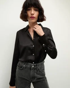 Monique Silk Button-Down Shirt in Black