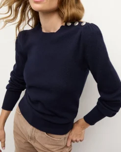 Nelia Cashmere Pullover | Button Accent in Navy