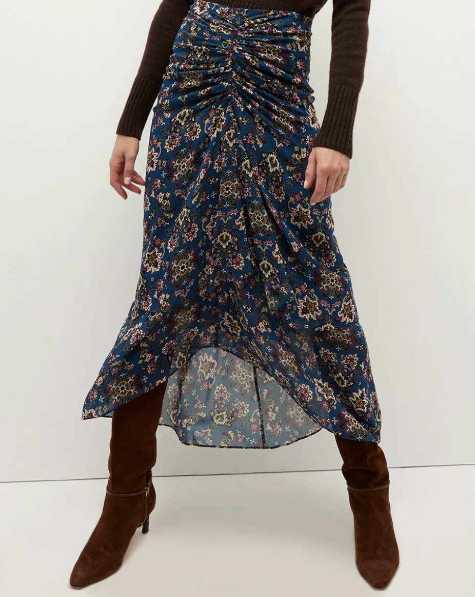 Sira Long Ruched Silk Skirt in Blue-Stone-Multi