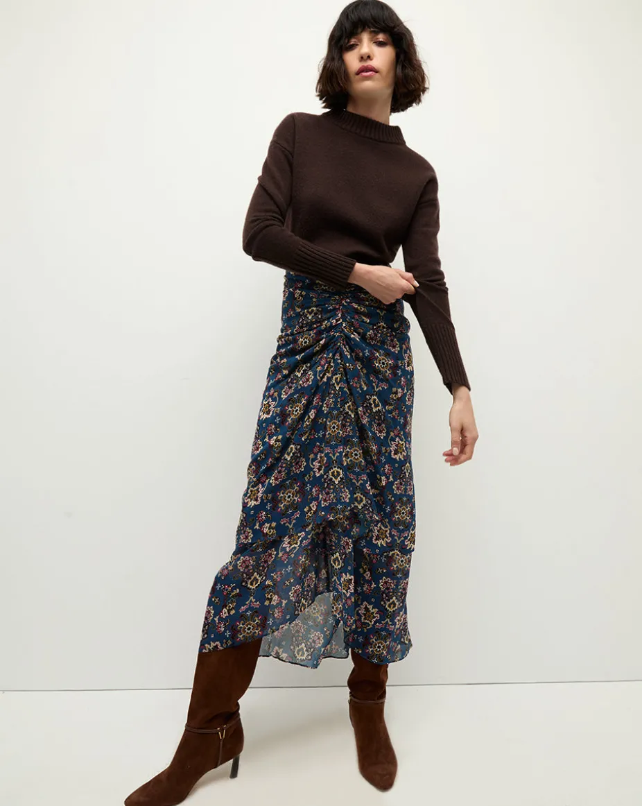 Sira Long Ruched Silk Skirt in Blue-Stone-Multi